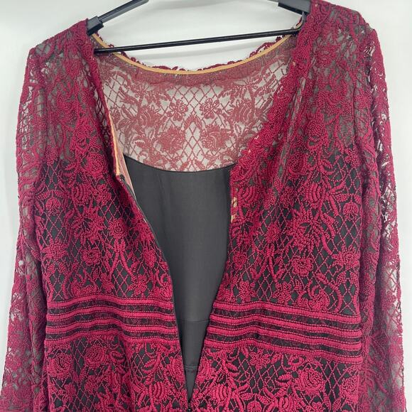 Tadasho Shoji Too Crochet Mesh Dress 24Q Whimsigoth Burgundy Romantic Glam Lace - Picture 9 of 12